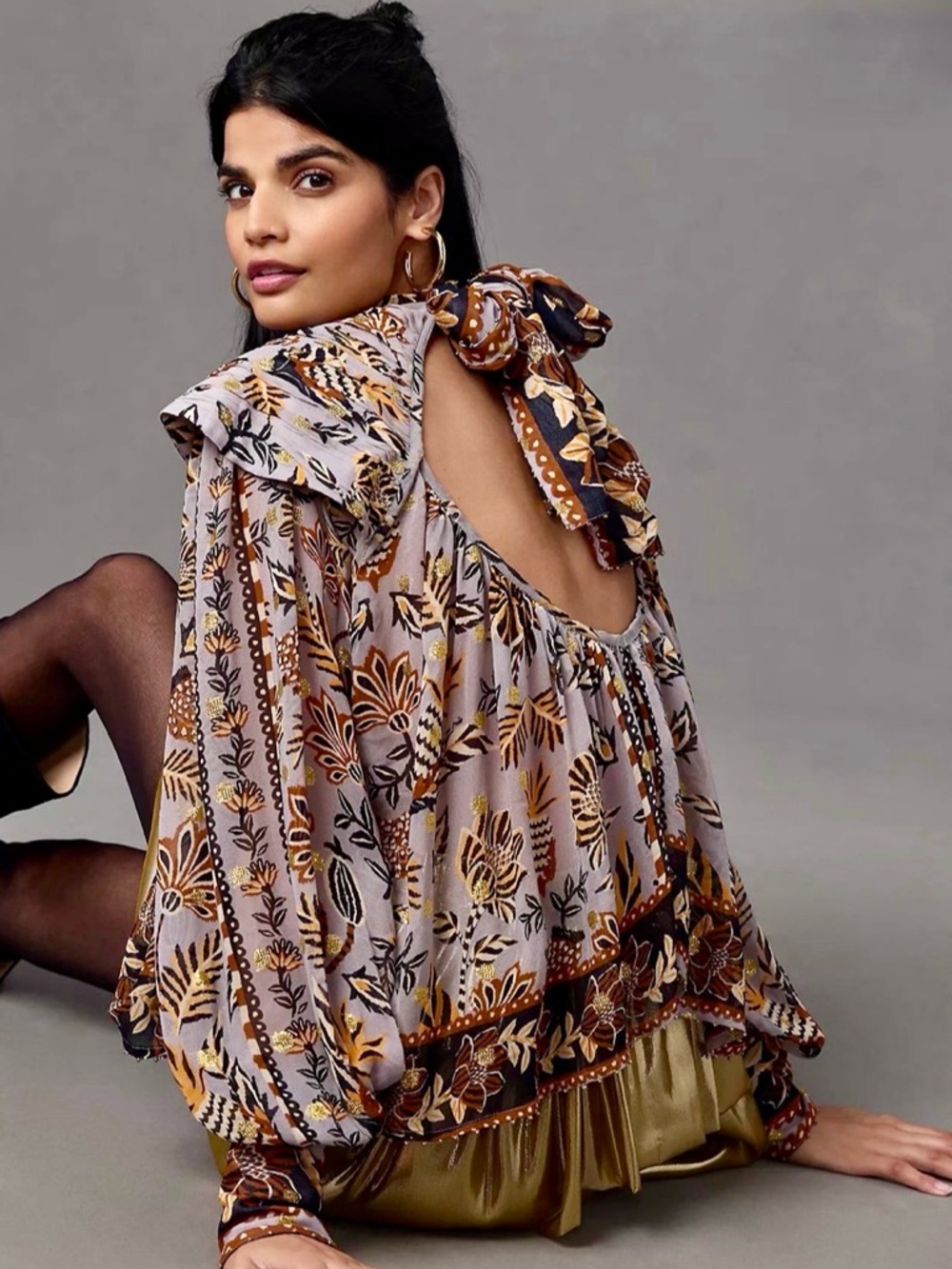 FARM Rio Floral Flowing Tunic w/ Draped Back & Gold Embellishments NWOT - Picture 3 of 11